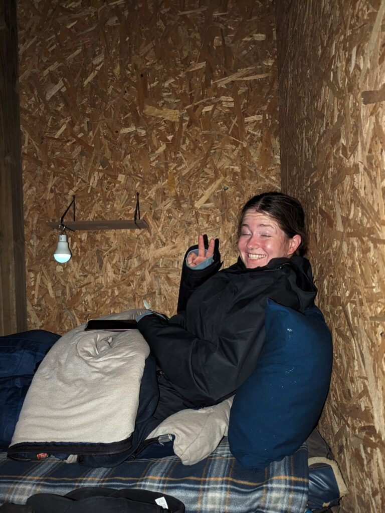 Tucked in the cabin at base camp